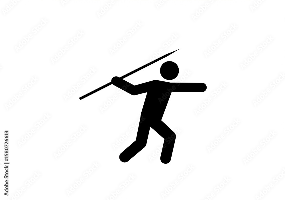 Poster a black stick figure is throwing a javelin on a white background in a simple graphic design style