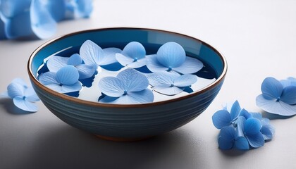 serene blue hydrangea blossoms gently float in a tranquil bowl of water a minimalist spa like scene promoting calmness and well being