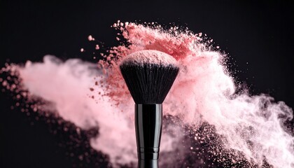 Make-up brush with pastel pink cosmetic powder spreading on black background