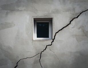 minimalistic close up photo a concrete wall with a sharp crack and one window