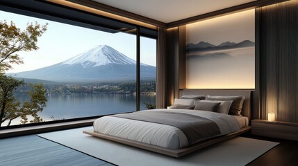 Modern bedroom with stunning Mount Fuji view.