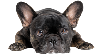 A close-up of a French Bulldog lying down with an expressive face, isolated on a white background.