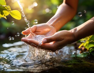 safe hygiene in outdoors with hands being washed in flowing water soap bubbles and natural textures highlighting mindful self care and eco conscious lifestyle in nature