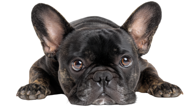 A close-up of a French Bulldog lying down with an expressive face, isolated on a white background.