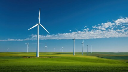  Several modern wind turbines on bright farmland under a clear blue sky