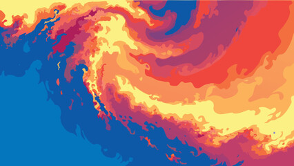 Abstract painting featuring swirling shades of blue, yellow, orange, and red colors in a fluid design