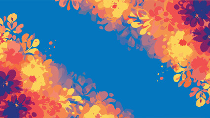 Floral arrangement with yellow orange and purple flowers against a vibrant blue background creates a frame