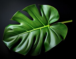 vibrant green monstera leaf isolated on dark background