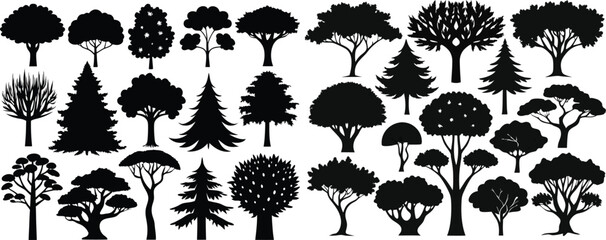 Set of trees in silhouettes, set of silhouettes trees collection 