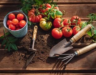 slow gardening with rustic tools concept fresh picked tomatoes and vintage garden tools on wooden table rustic garden still life with cherry tomatoes and soil