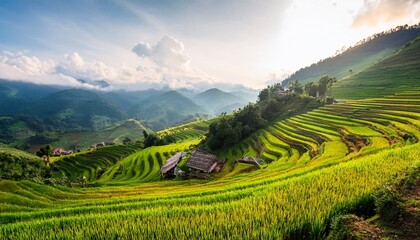 scenic rice field terraces on mountain hills lush green asian landscape beautiful terraced rice fields on mountain slopes tropical rural scenery