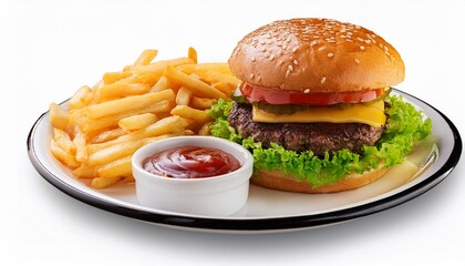 delicious burger with fries and ketchup on a white plate isolated on transparent cutout background