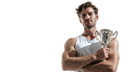 Athlete in tank top holding a trophy, confident pose, celebrating victory, white isolated background.