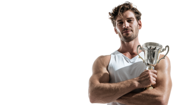 Athlete in tank top holding a trophy, confident pose, celebrating victory, white isolated background.