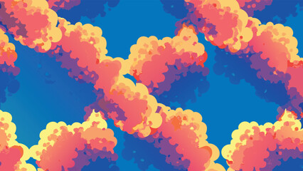Abstract cloudscape pattern with orange and yellow clouds against a vibrant blue sky backdrop design