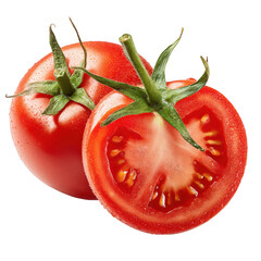Two fresh red tomatoes one halved showing seeds and pulp isolated on transparent background