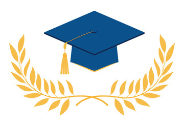 Graduation cap and laurel branches. Concept of academic achievement, graduation ceremonies. Vector elements isolated on white background.