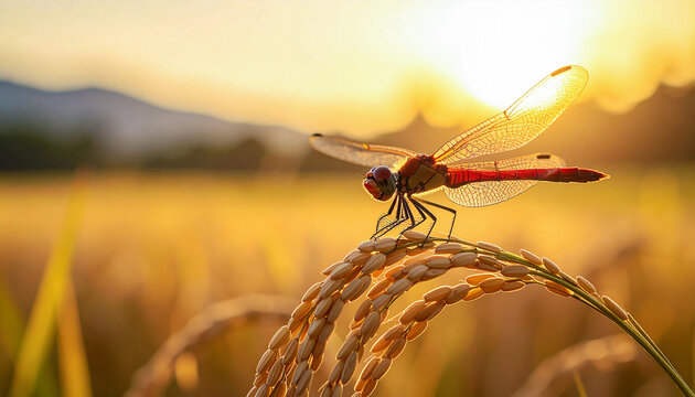 a red dragonfly resting on an ear of rice