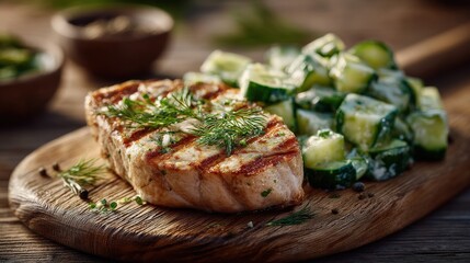 Grilled fish steak with cucumber salad.