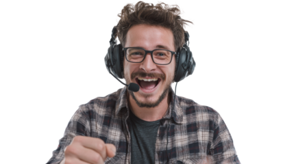 Cheerful man celebrating success with headphones, isolated on white background.