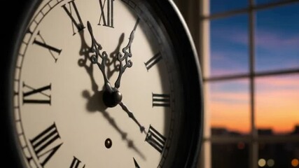 A clock with Roman numerals positioned next to a window offering a view of a sunsetlit skyline - Powered by Adobe