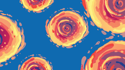 Abstract background with stylized floral or cosmic shapes in warm colors on a blue backdrop design