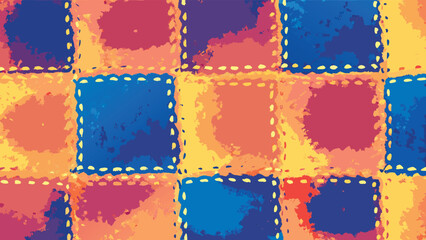 Colorful patchwork quilt with stitched edges in shades of blue orange yellow and red pattern design