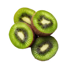 Fototapeta premium Close up of four juicy kiwi fruit halves with visible seeds and vibrant green flesh isolated on transparent background