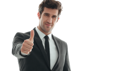 Confident businessman giving a thumbs up in a suit, positive attitude and professionalism, white isolate background.
