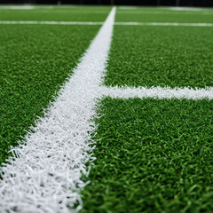 Close-up view of crisp white lines on a vibrant green artificial turf sports field, suitable for football, soccer, or athletic concepts.
