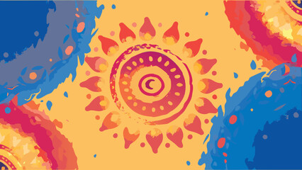 Artistic sun design with watercolor effects on a yellow background with blue and red accents around it