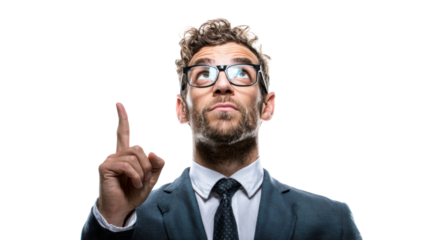 Confident businessman pointing upwards, isolated on white background.