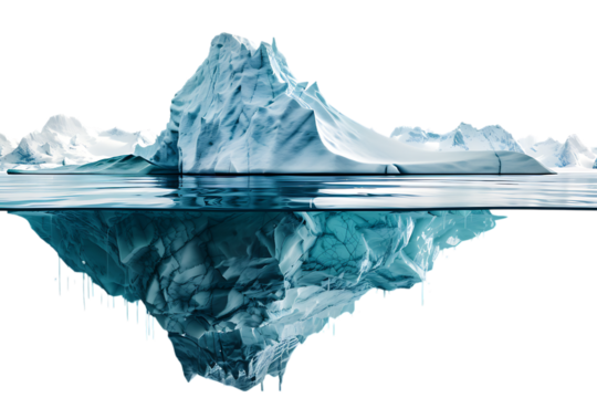 Iceberg half submerged in water, showing the hidden part.