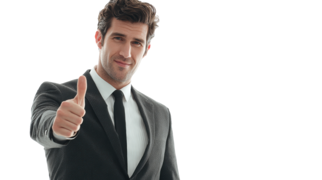 Confident businessman giving a thumbs up in a suit, positive attitude and professionalism, white isolate background.