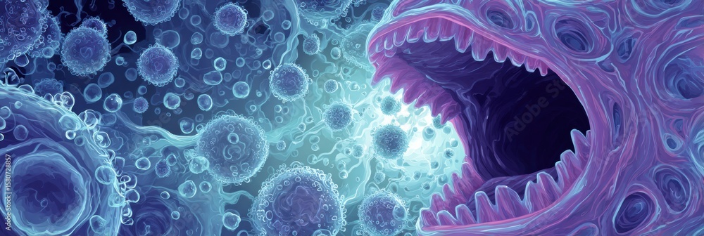 Poster cold germs invading the mouth under microscopic detail showcasing their entry at close range and emp
