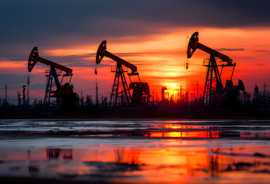 Silhouetted oil pump jacks at sunset, vast oil field , silhouette, refinery