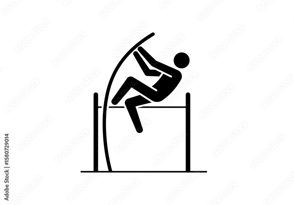 Poster a black and white image of a person pole vaulting over a bar with a pole on a white background