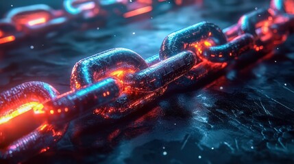 Glowing blockchain nodes interconnected with neon light trails digital network security concept dark tech backdrop