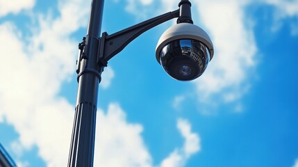 A modern dome security camera mounted on a black metal pole captures footage against a bright blue sky with scattered clouds.