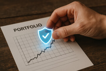 Confidence in financial growth is reinforced as a symbolically adds digital protection to a rising portfolio chart