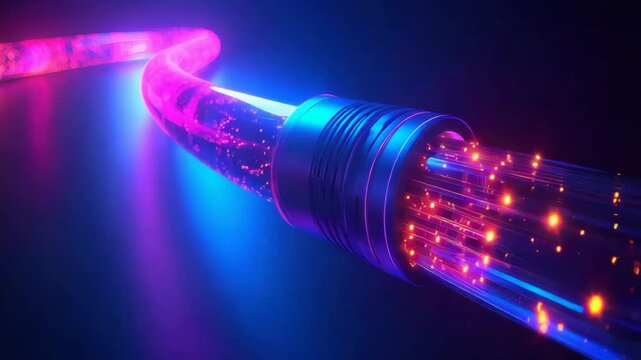 Close-up of a glowing fiber optic cable transmitting data with a soft-focus, the light illuminating the core.