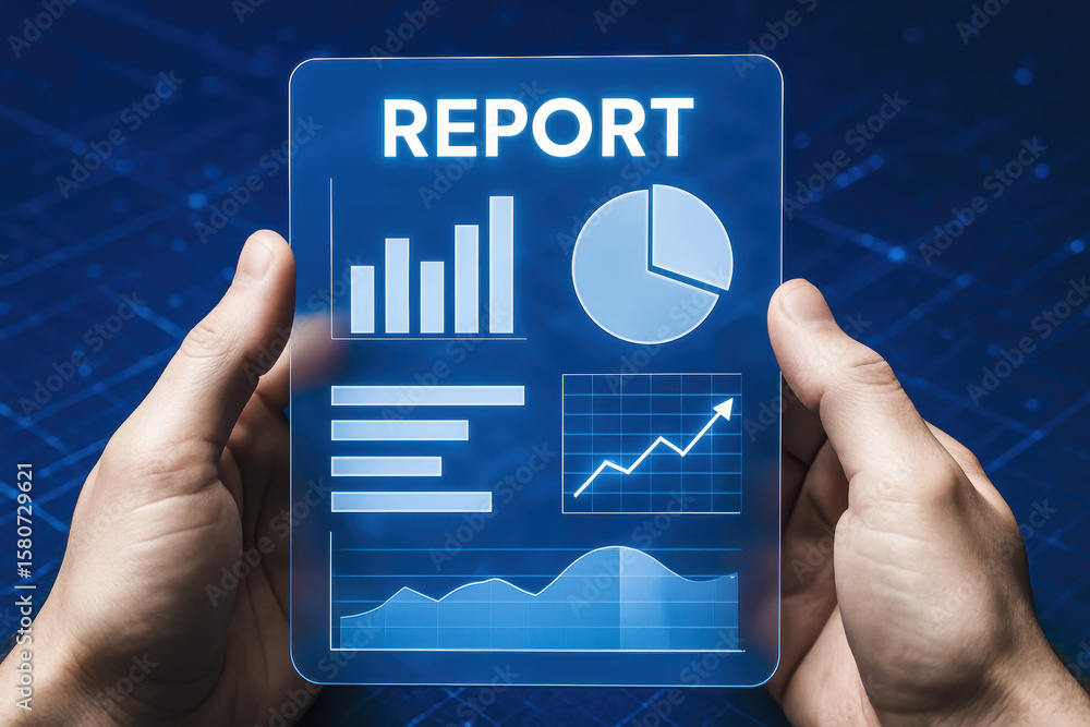Poster a digital report visualizes data trends and growth through charts and graphs held between two hands 