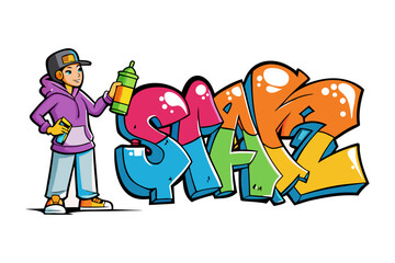 Young artist creates vibrant graffiti art with spray paint can and stylish outfit