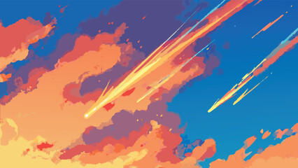 Illustration of a vibrant sky with orange clouds and shooting stars creating a celestial atmosphere scene