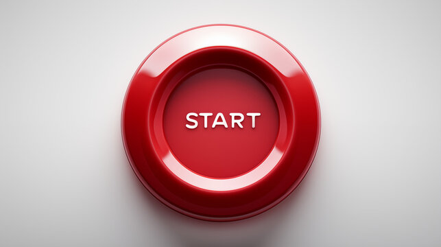 Digital illustration of round red &lsquo;START&rsquo; button with shiny gradient, bold white geometric font, beveled edge, and soft ambient shadow, rendered in flat vector style on a clean white background