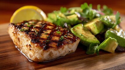 Grilled fish with avocado salad.  A delicious and healthy meal.