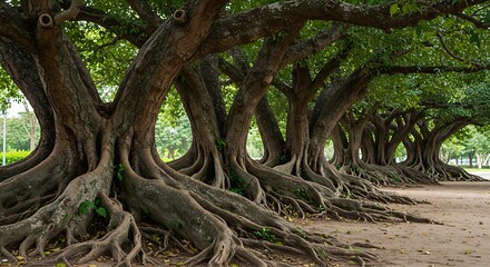 Obraz premium The photograph emphasizes the impressive scale and unique growth of these trees, with their immense roots spreading across the ground, symbolizing strength and endurance.