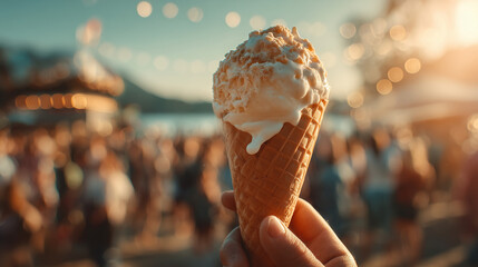 Close-up of hands holding melting ice cream in golden light, blurry background of a beach or funfair, symbolic image of summer ending