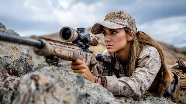Woman sniper aiming rifle outdoors