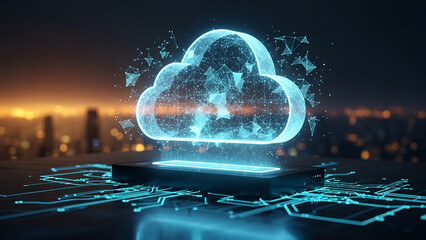 Illuminated cloud computing concept showcases digital technology with glowing blue circuitry against a bokeh city background.